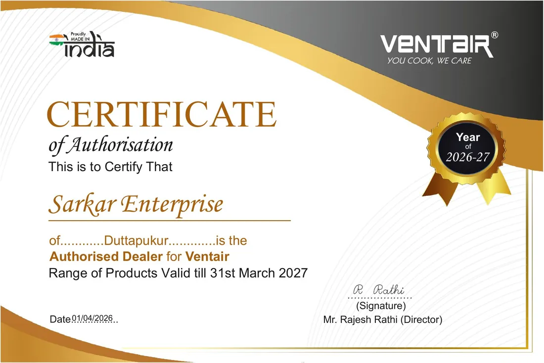 Ventair Certificate of Authorisation naming Sarkar Enterprise, Duttapukur as an authorised Ventair dealer