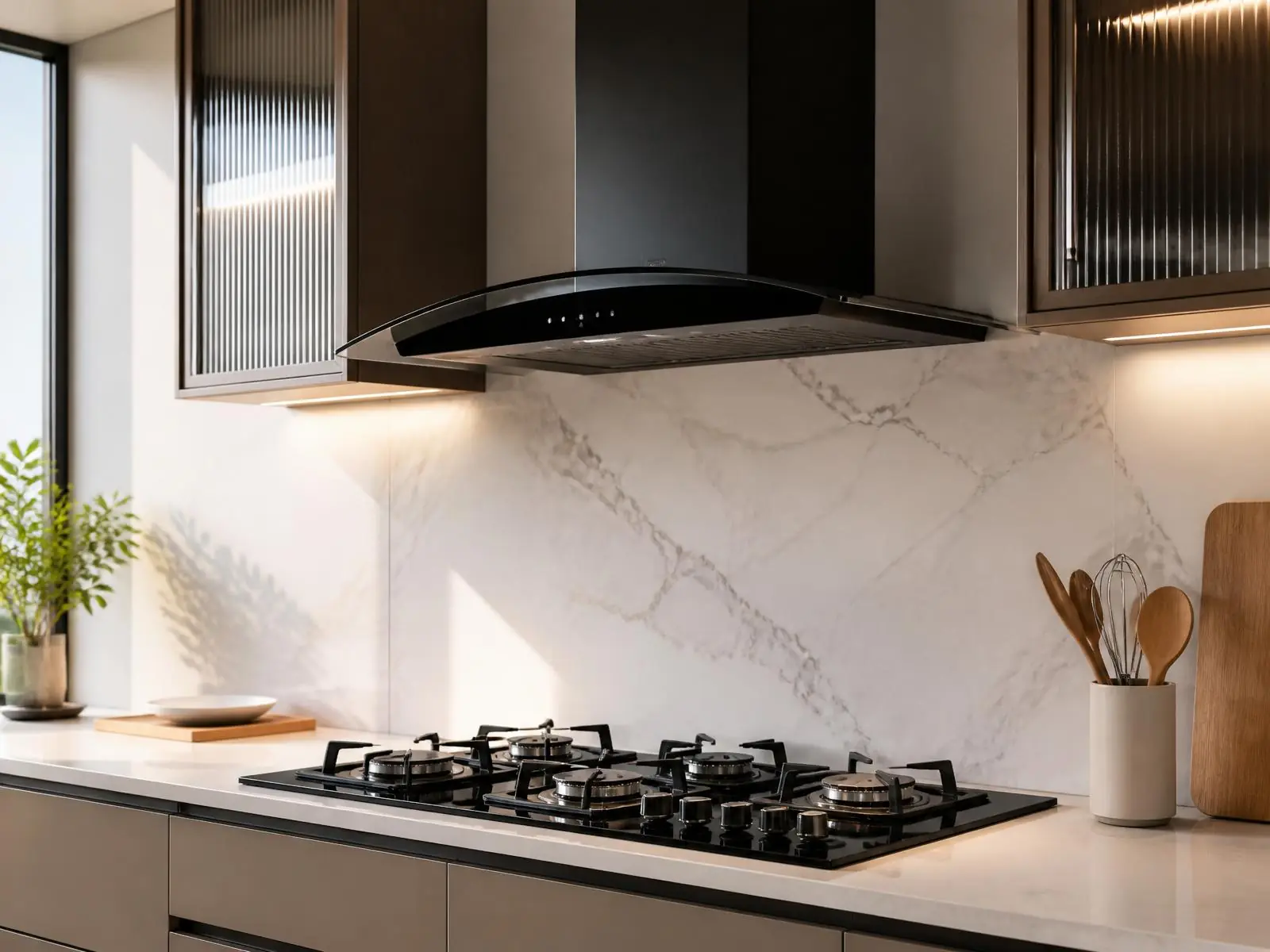 Ventair curved glass kitchen chimney installed in a modern kitchen